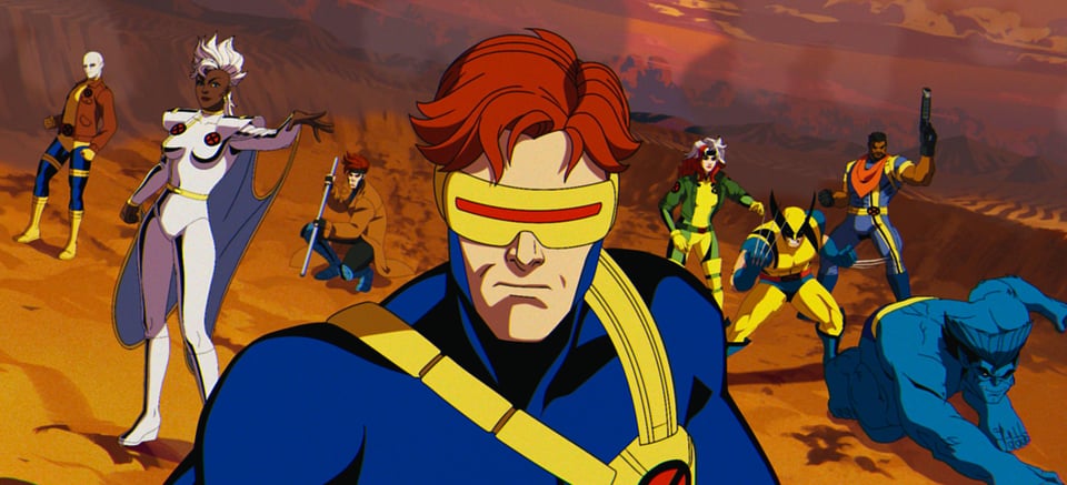image from the first episode of X-men '97, featuring the X-men assembled behind Cyclops