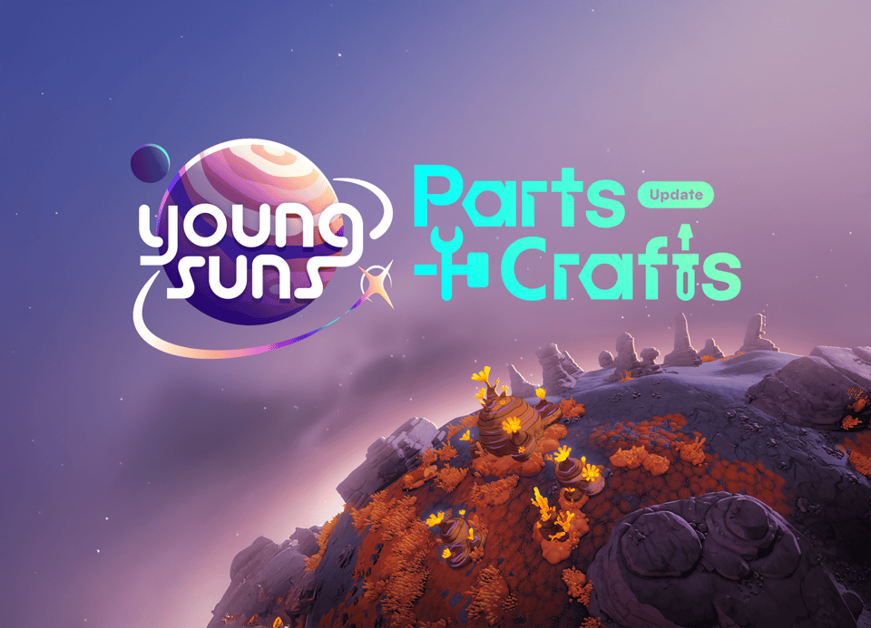 Parts and Crafts logo in a cyan gradient next to our Young Suns logo. They're superimposed over a serene image of the purple sky above a planetoid with bright yellow plants.