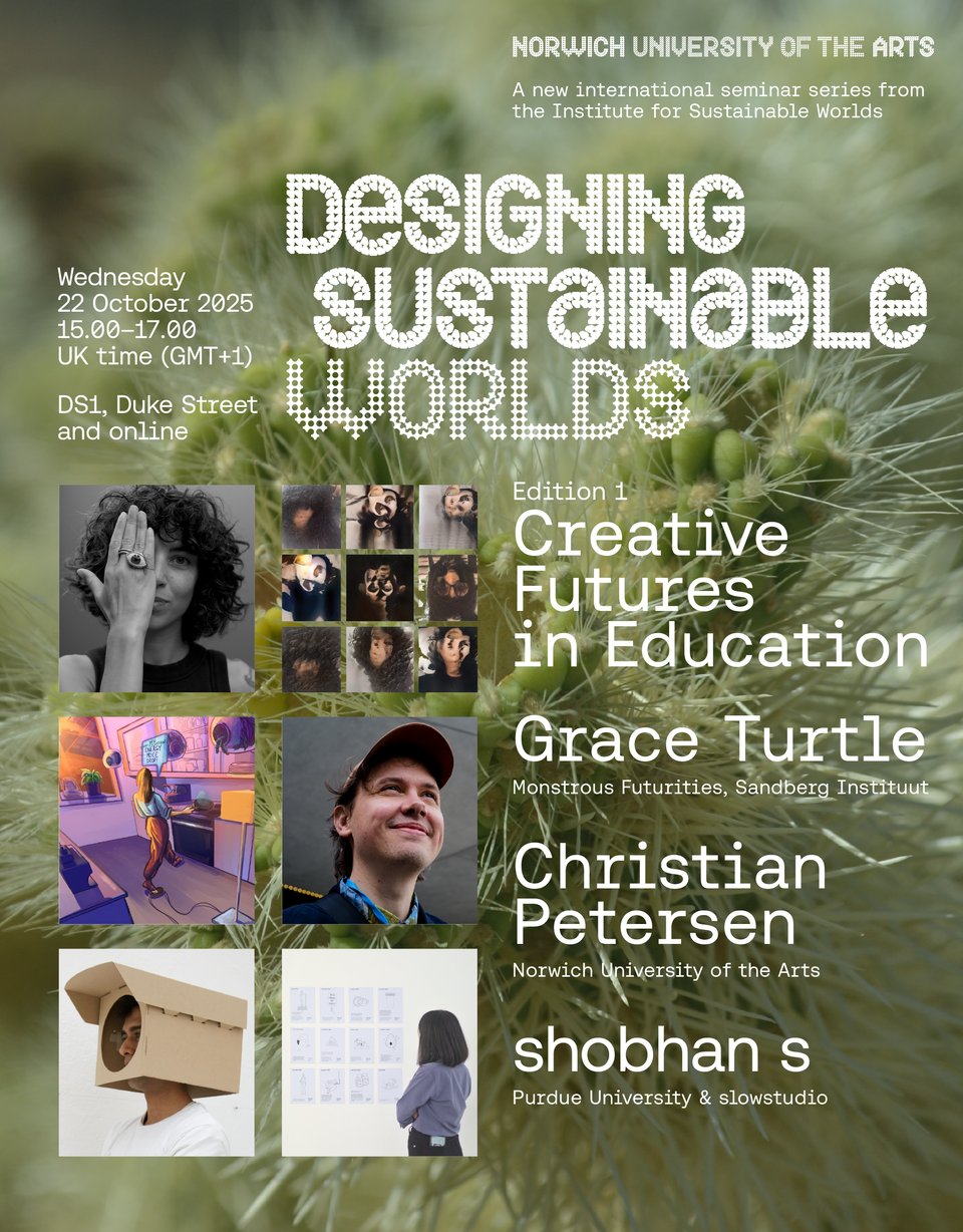 A poster for the event with images of the speakers and their/their students' work