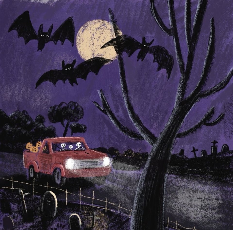 An illustration showing a car driving down a nighttime road through a cemetery. Bats fly through the sky against the full moon. Skeletons drive the car, which is alsoladen with jack o'lanterns.