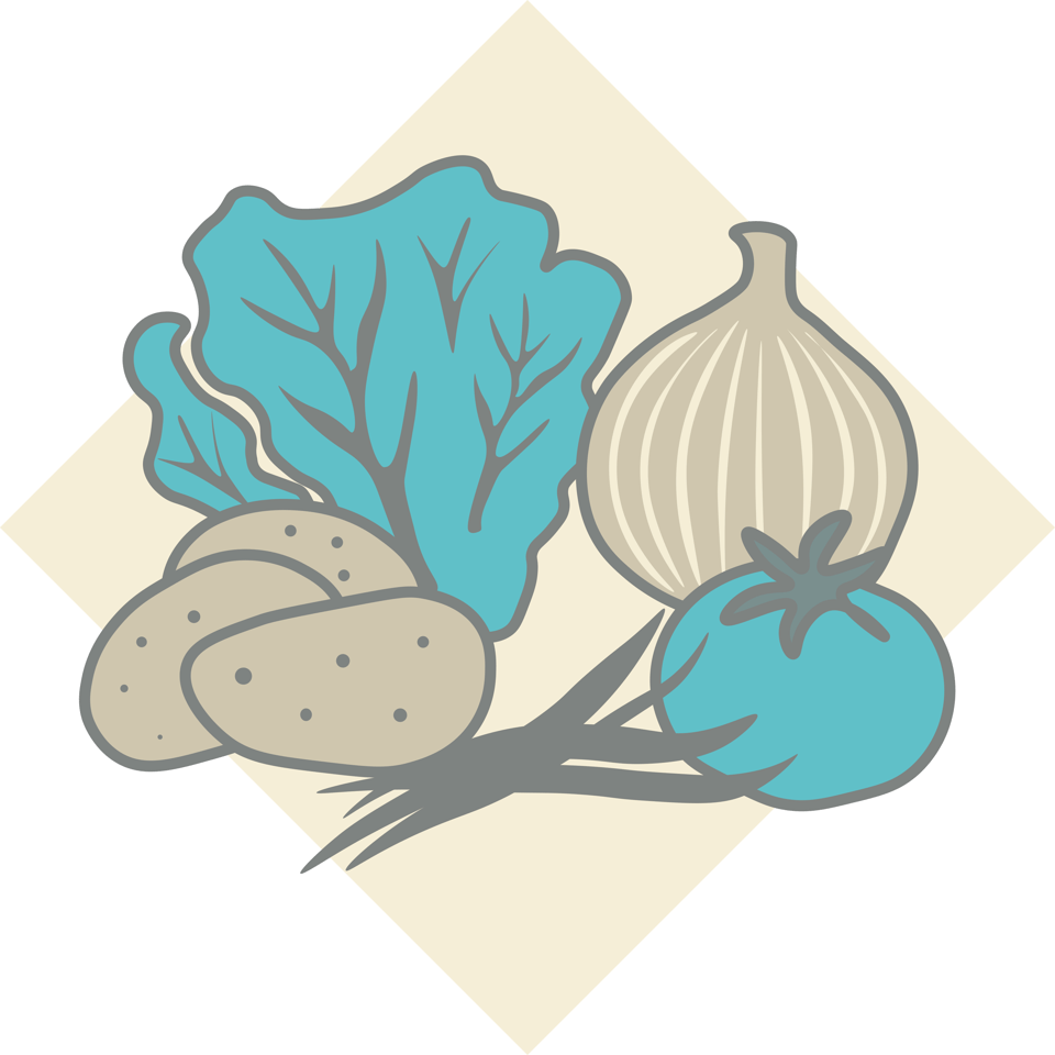 An abstract illustration of the five vegetables studies in the research article: a crop of lettuce, three potatoes, green beans, an onion and a tomato.