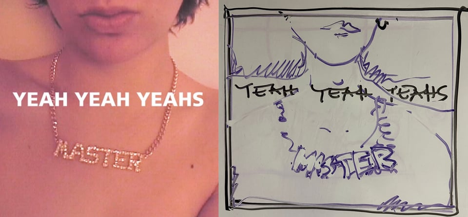 A close-up color photo of a young white woman (who I believe is vocalist Karen O) from her mouth to the top of her chest. The only visible apparel is a gold necklace around her neck with a pendant that reads MASTER.