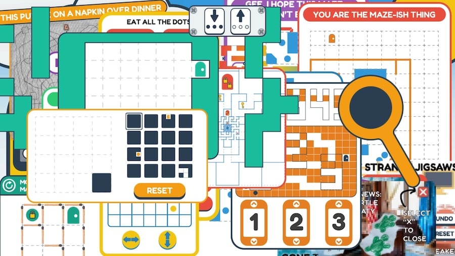Screenshot of - like, a bunch of different little windows overlapping, bright colours, each window is a different sort of maze but you can't really figure out what's going on. Mazes have titles like "YOU ARE THE MAZE-ISH THING" and "EAT ALL THE DOTS"