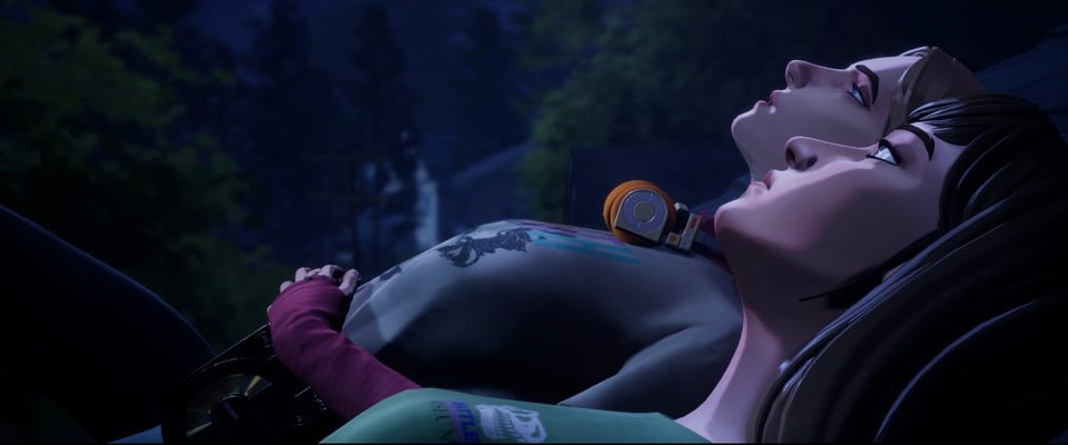 Two characters lie side by side in a serene nighttime setting, gazing upwards with expressions of calmness and reflection.