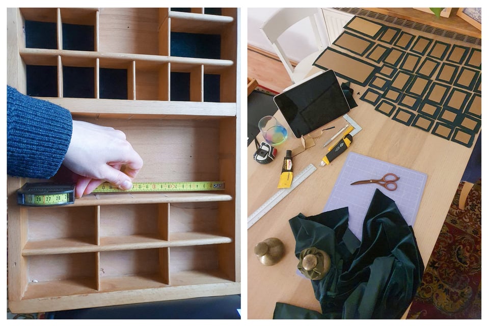 Collage of 2 photos: me measuring the inside dimensions of one of the shelf compartments using a panoramic tape measure; and the work table from above, with weights, scissors, glue, a tablet and dozens of velvet backed cardboard rectangles arranged in a grid to dry.