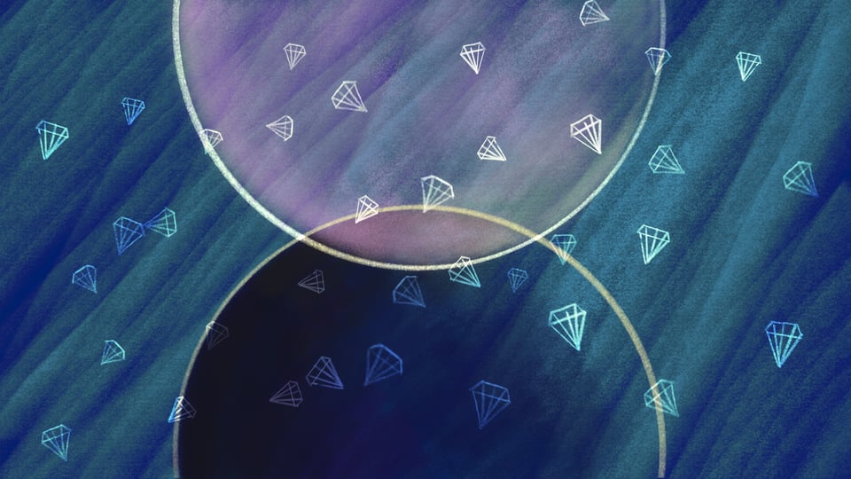 Image of diamonds on a blue and gold and lilac background.