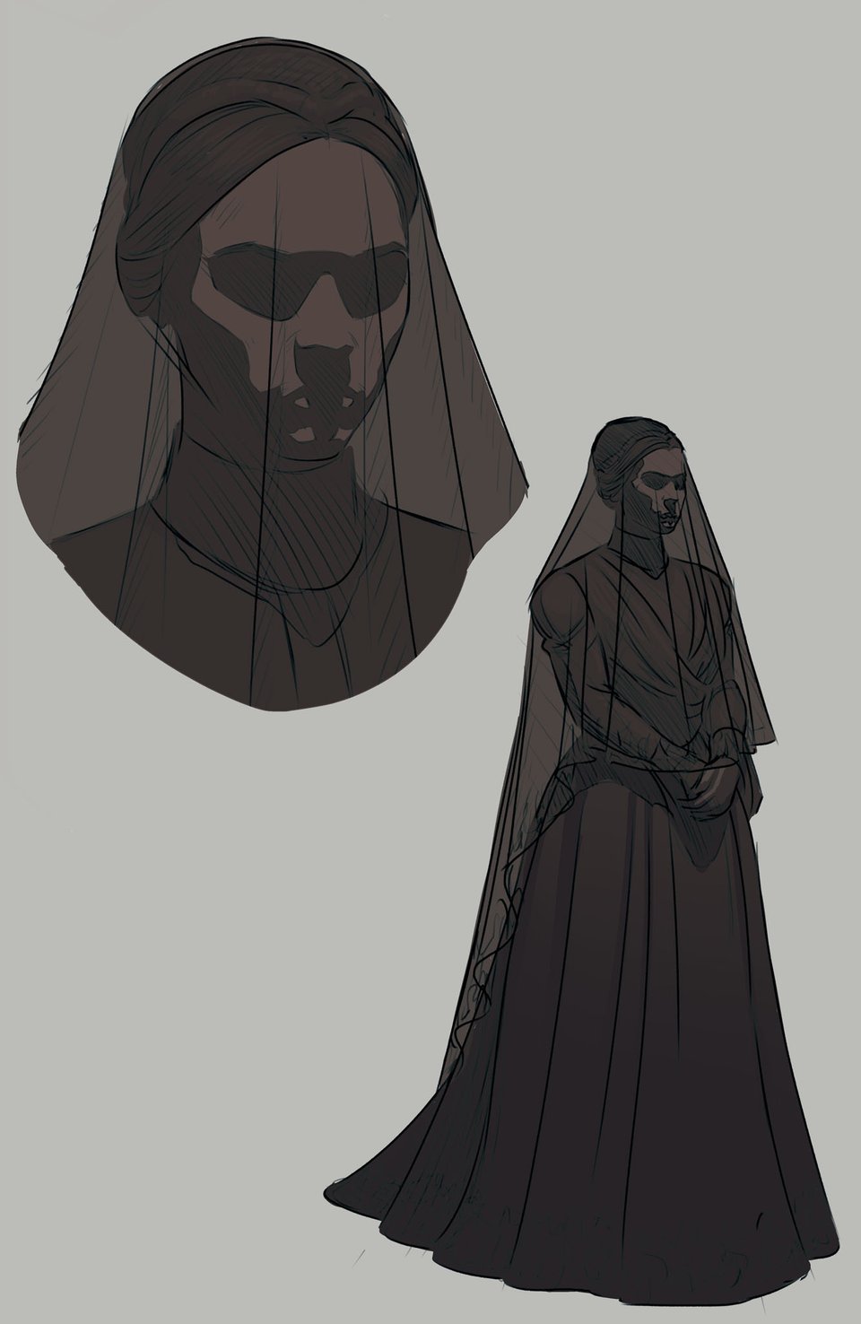 A woman in black Victorian mourning clothes.