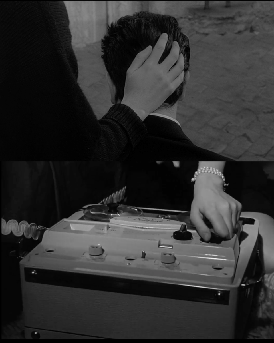 two black and white film stills, captured from l'Avventura and La Notte, showing a female hand caressing the back of a man's head and another female hand controlling the nob of a recording/radio device