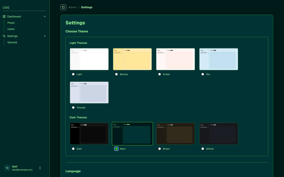 View of the CMS created in which you can choose among a big variety of light and dark themes
