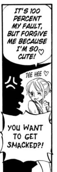 Nami making a cute face saying 'it's 100 percent my fault, but forgive me because I'm so cute!' and saying 'teehee.' Usopp replies 'you want to get smacked?!'