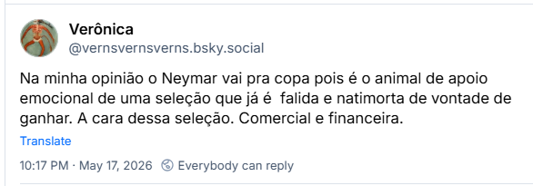 Post de Verônica (@vernsvernsverns.bsky.social): Na minha opinião o Neymar vai pra copa pois é o animal de apoio emocional de uma seleção que já é falida e natimorta de vontade de ganhar. A cara dessa seleção. Comercial e financeira.