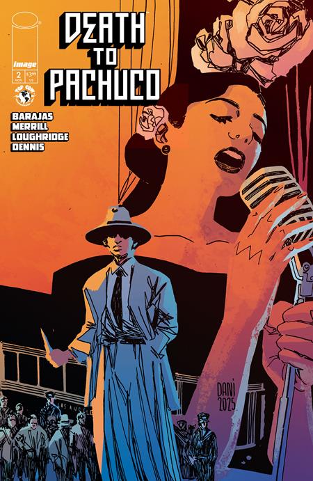 Woman singing in old timey mic. Pachuco with a switchblade. Cops and mexican men getting into a school bus. BLue, orange, and purple. art by dani and brad simpson.