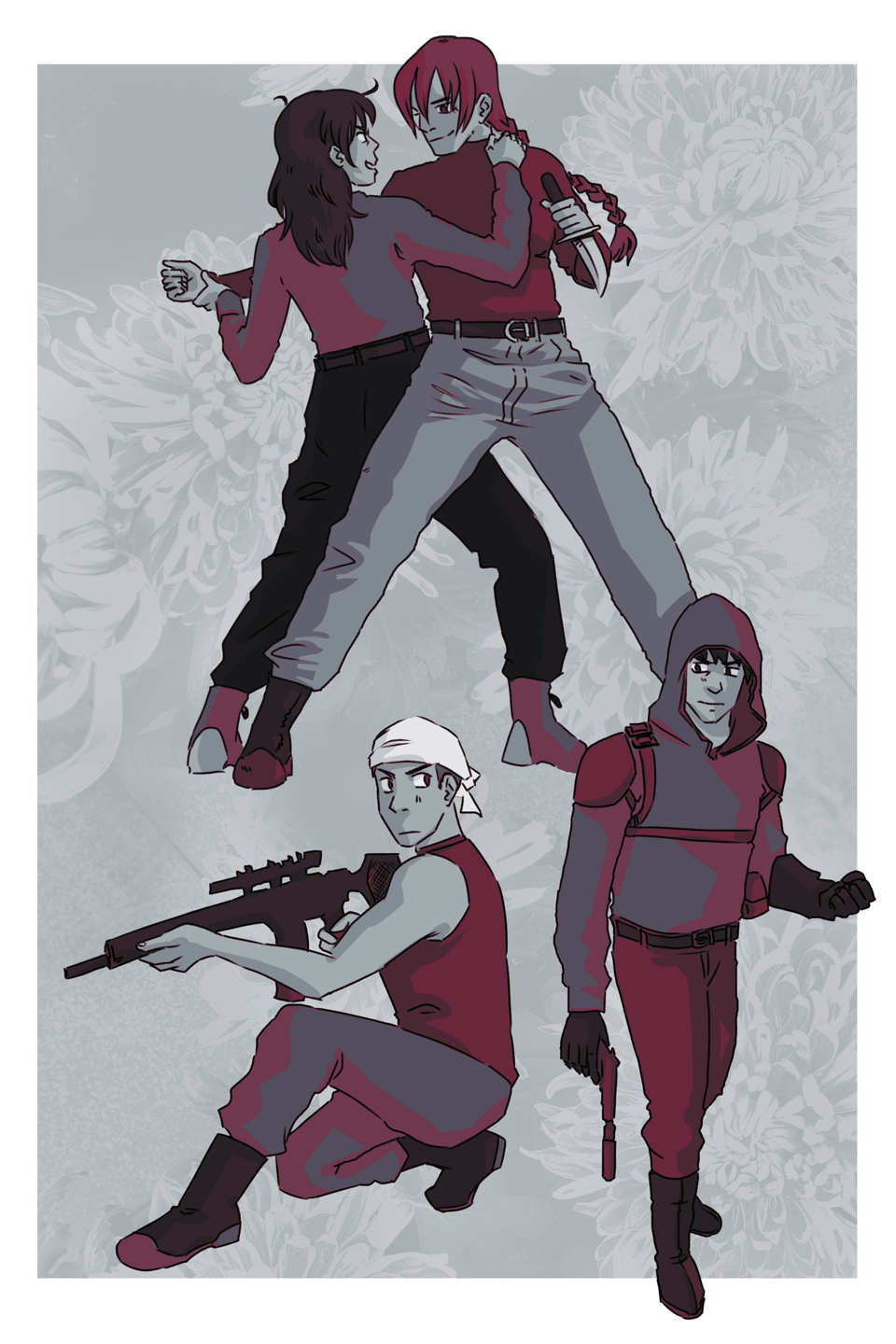 Art of characters from Ookiku Furikabutte dressed as spies with dark clothing and wielding weapons in a simple minimalist style, in shades of black and white and red, with chrysanthemums faintly in the background. On the top are Kikue Hanai and Momoe Maria sparring and grinning at each other and a little bit feral, below them are Hanai Azusa and Abe Takaya both wielding guns and looking at each other warily.
