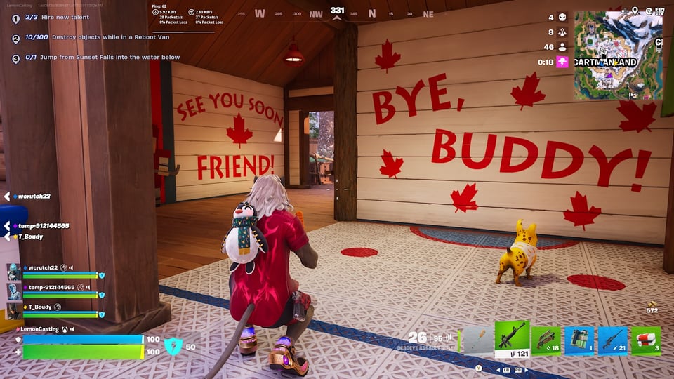 A screenshot from Fortnite game showing a Canada land pavilion inside of Fortnite with messages of "Bye Buddy!" and "See you Soon Friend!"