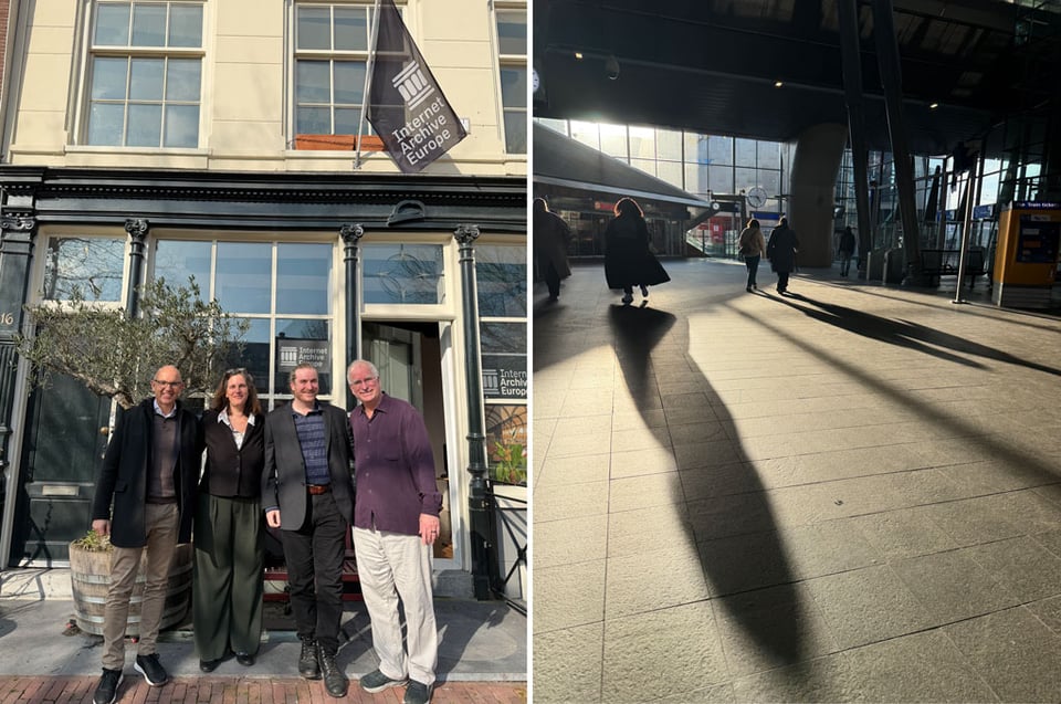 Two photos next to each other. Left photo four people stand in front of a white canal house which is the headquarters of Internet Archive Europe. The right photo shows long shadows in a late afternoon light at a train station entryway.