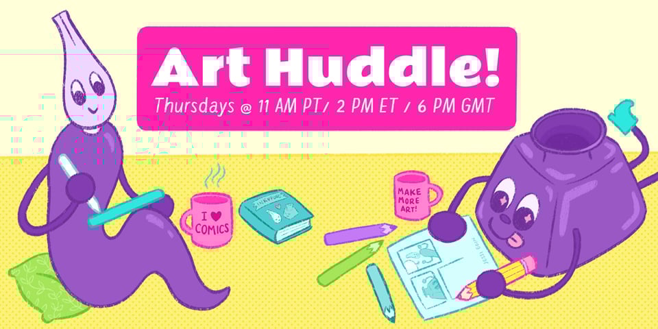 A vibrantly colored graphic announcing the Co-op event called Art Huddle! It meets on Thursdays at 11 AM PT / 2 PM ET / 6 PM GMT. The Co-op mascots Inklling (an inkpot) and Nibford (a dip pen) are happily making art together with Inkling using colored pencils to make a comic page and Nibford using a tablet and digital pencil. They both have mugs next to them, and in between them, there's a book with their faces and a heart between them. The title reads, "InkFord," as an amalgamation of their names in a fanship.