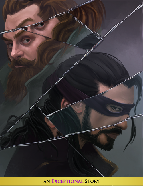 Two thieves are reflected through a broken mirror.