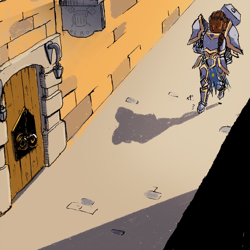 Illustration of Ser Meghan from Soul Waker walking down a sunlit street.