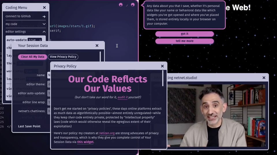 screenshot of Nick Briz explaining netnet.studio, a few widgets are open including the Privacy Policy