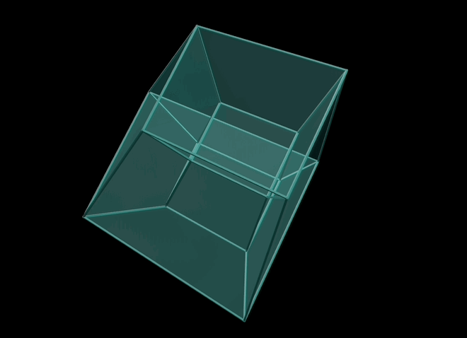 An animated gif of a four-dimensional cube, represented in three dimensions, rotating against a black background. The cube is light blue; its faces are seethrough, and the edges are slightly darker blue. As it rotates it seems to invert, with a cube inside the cube ballooning outwards and swallowing the external cube inside it, then repeating this movement over and over again
