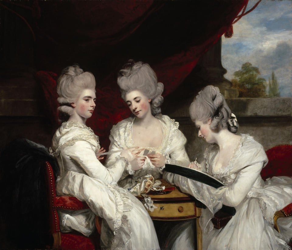 A paiting of three women in white gowns and with large, powdered hairstyles, sitting around a table.