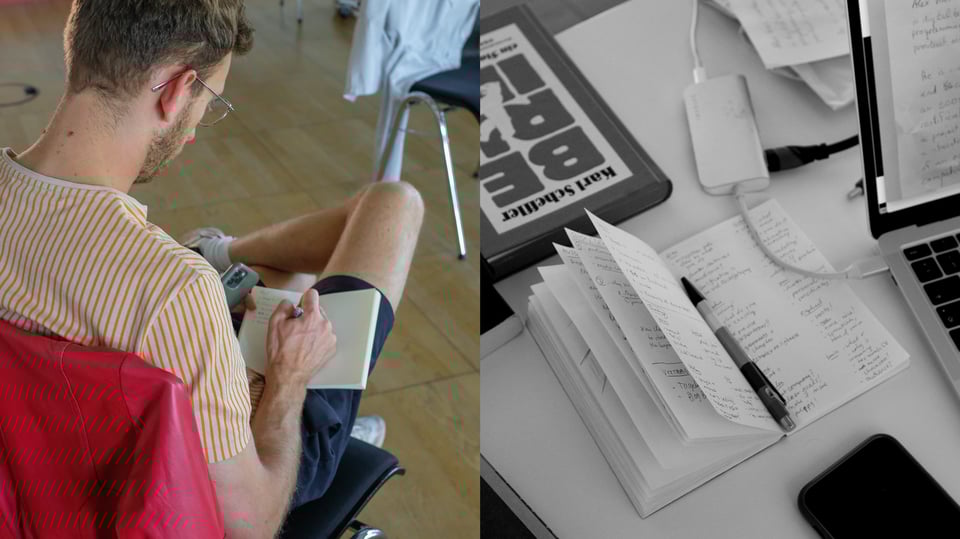 Left image show Christoph sitting on a chair, scribbling something into a notebook. Right image shows a desk with Christoph's notebook, laptop and some other tools on them.