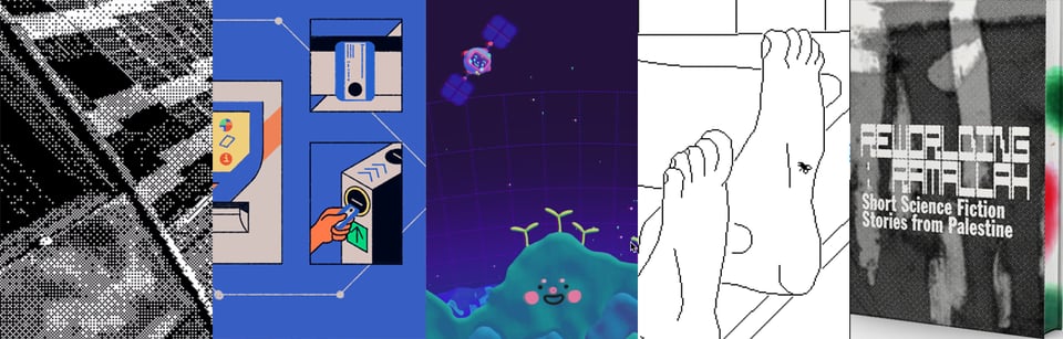 A mosaic of screenshots from the games Welcome to Approx AI, Data Garden, Curiosmos, Time Flies, Reworlding Ramallah