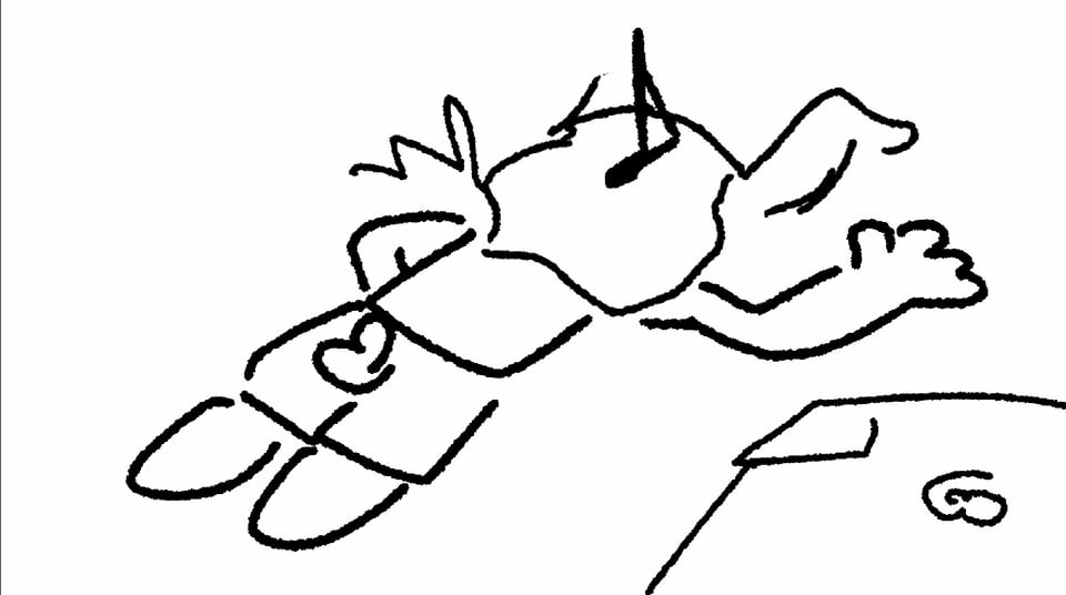 A uncolored sketch of the investigation screen. Only Clover and the picnic blanket have been depicted.