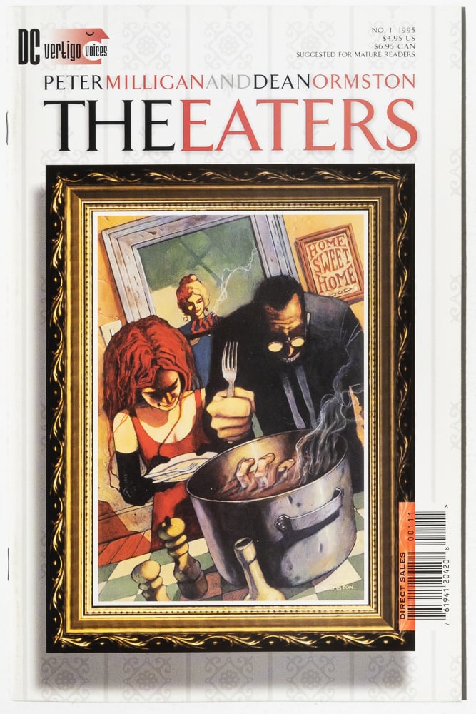 the cover of "The Eaters" by Peter Milligan and Dean Ormston. It shows three people looking over a large crock pot with a human hand sticking out of it