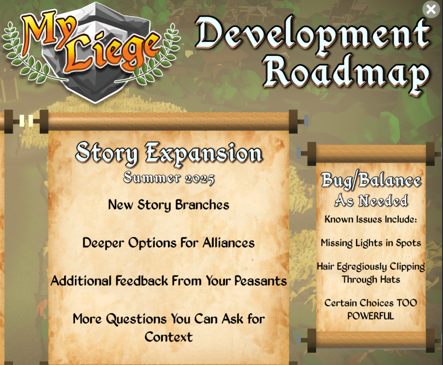 The original development roadmap for My Liege. The only detail worth noticing is the "Story Expansion" was slotted for Summer 2025... and it is currently October 2025.