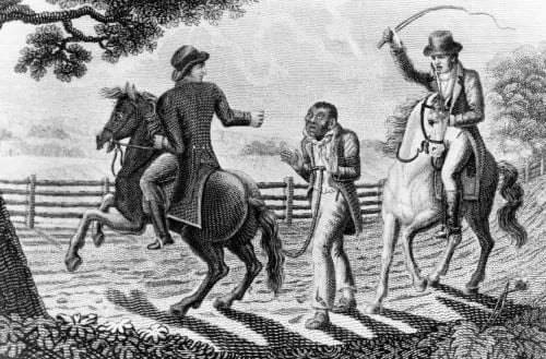 Black & while illustration of slave catchers accosting a Black man in the antebellum US South