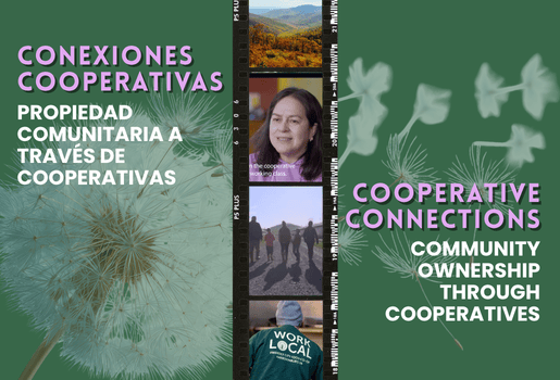 Una imagen gráfica muestra el título del evento "Conexiones Cooeprativas: Propiedad Comunitaria a Través de Cooperativas."