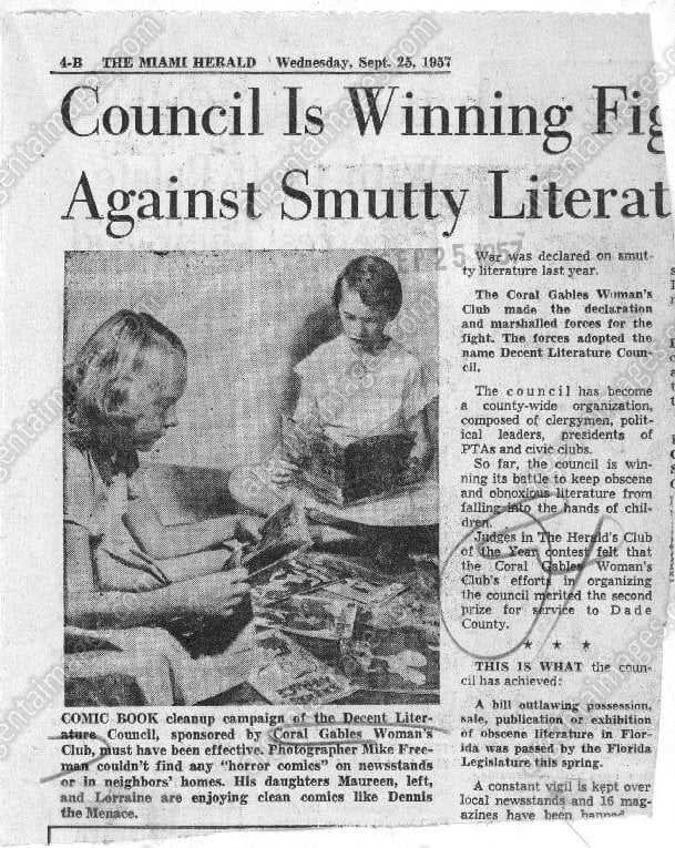Image of a newspaper article about the Coral Gables Women's Club's campaign for Decent Literature.