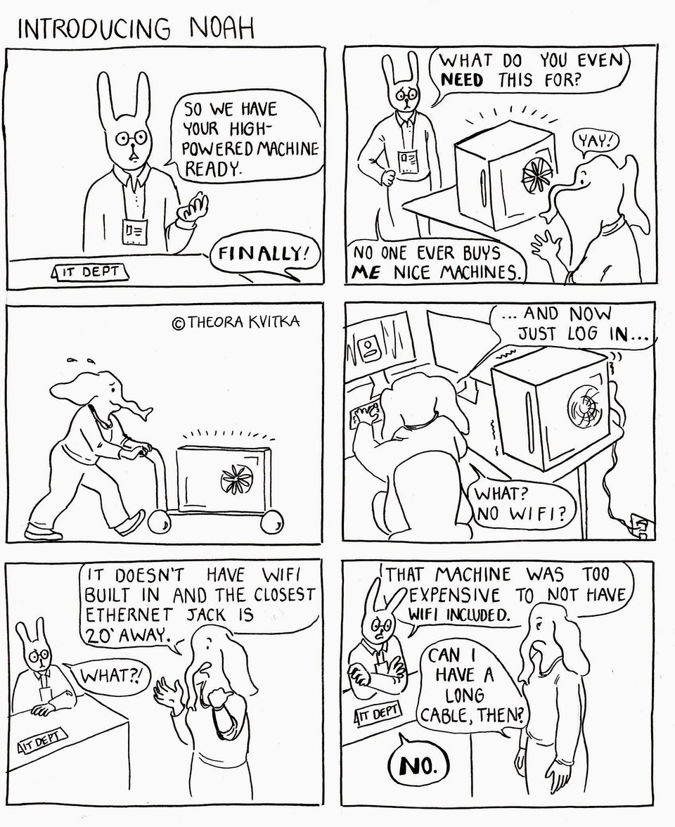 Cartoon of Liz, new hire, trying to get help from Noah, the IT Department bunny.