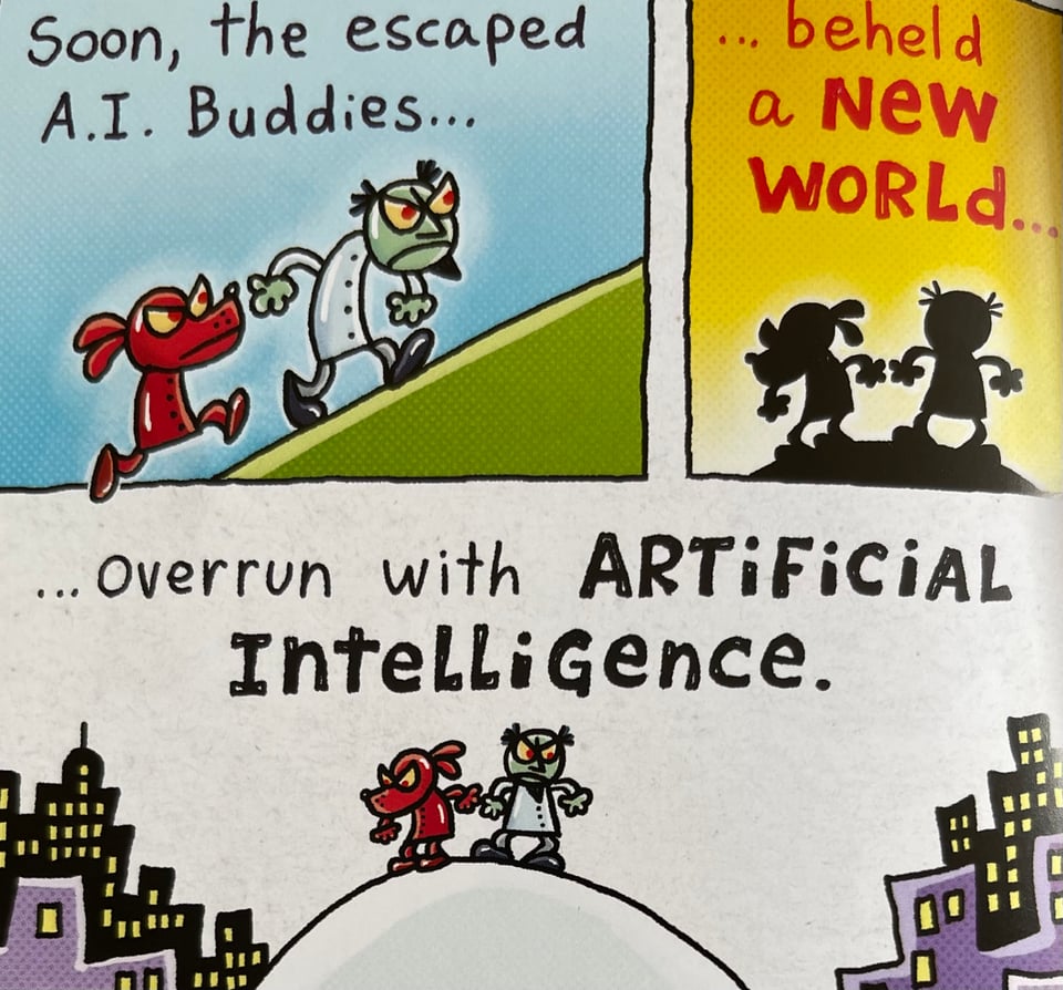 A page from the latest Dog Man in which the AI villains plot their world takeover