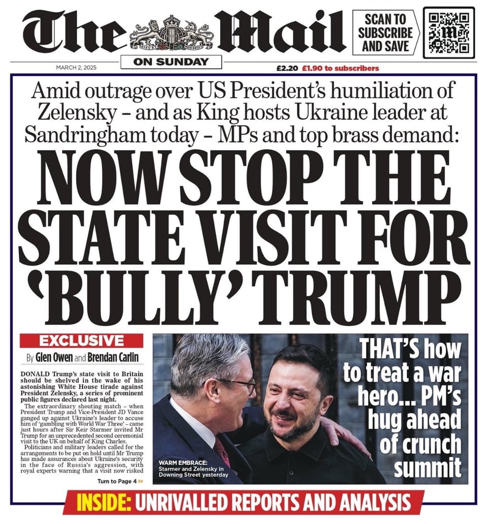 The Mail on Sunday headline - Now Stop the State Visit for 'Bully' Trump