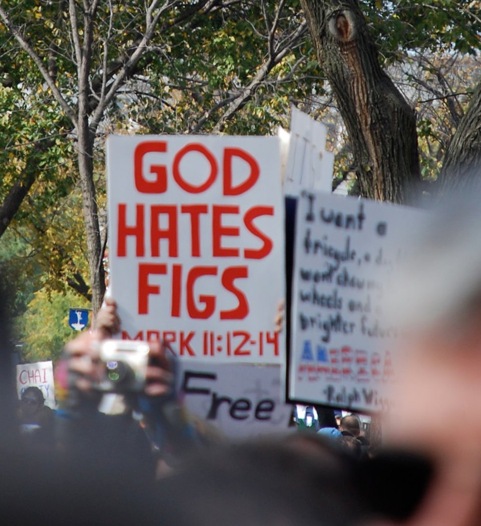 Someone holding up a GOD HATES FIGS sign in a crowd of people holding signs, in 2010.