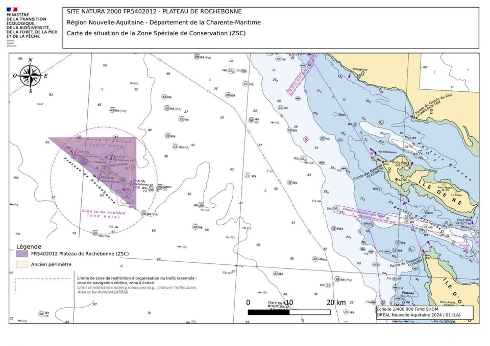 Situation du site NATURA 2000 Plateau de Rochebonne au large de la Vendée et de la Charente-Maritime.