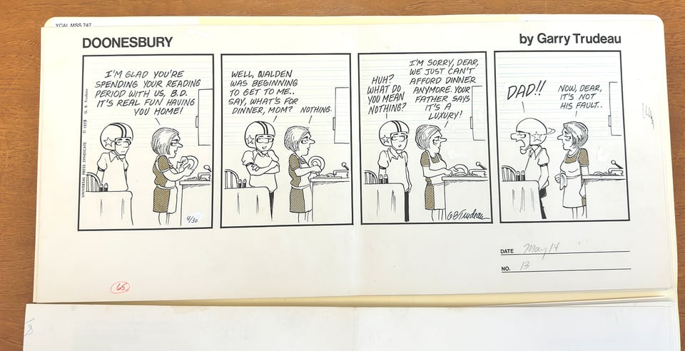 An inked original Doonesbury for April 30, 1973, showing B.D. talking to his mother, who explains there's no dinner as B.D.'s father said they can't afford it anymore