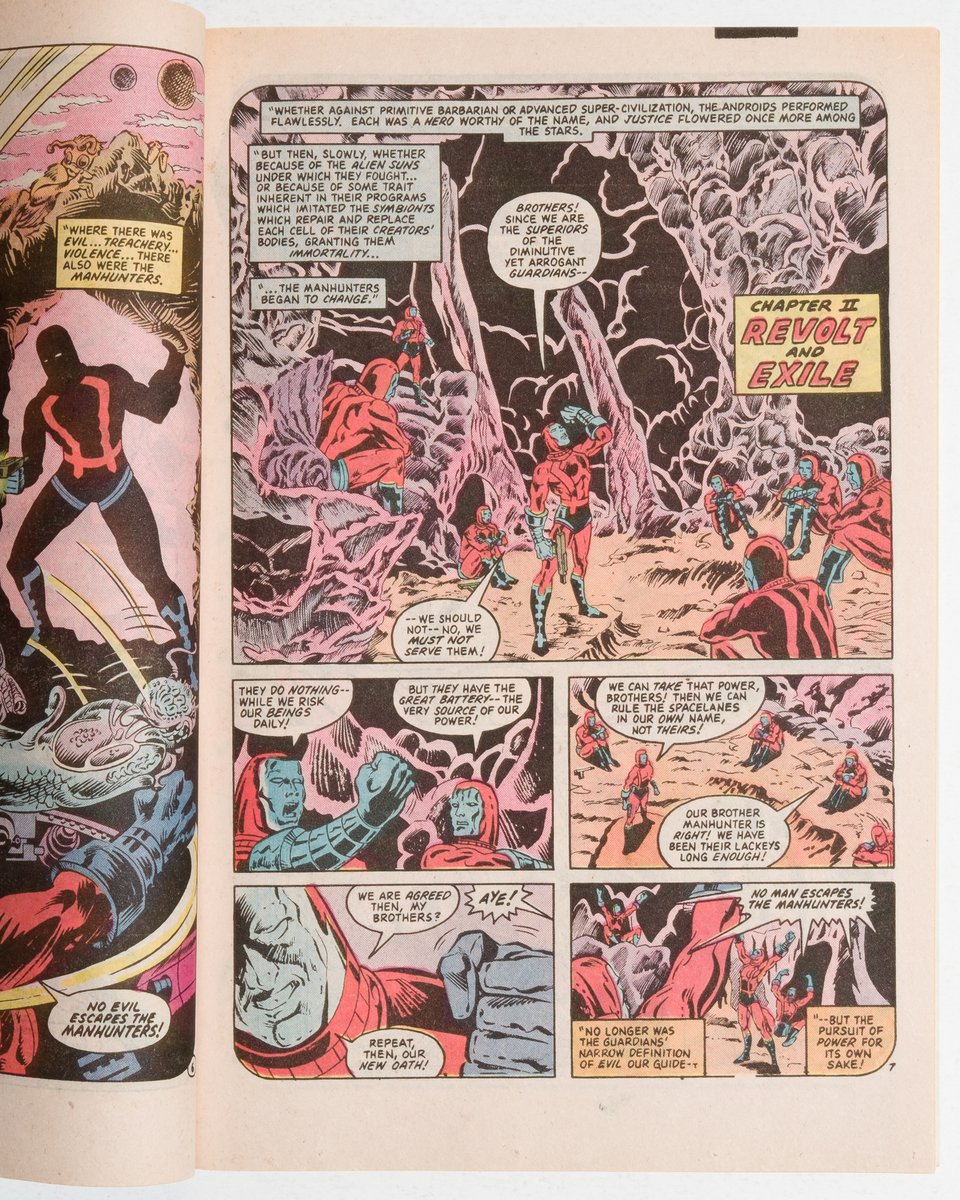 Interior page of Secret Origins 22. Manhunters having a meeting on an alien world