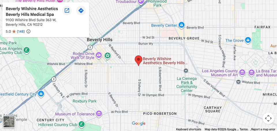 Google Maps location map for Beverly Wilshire Aesthetics Medical Spa in Beverly Hills, California.
