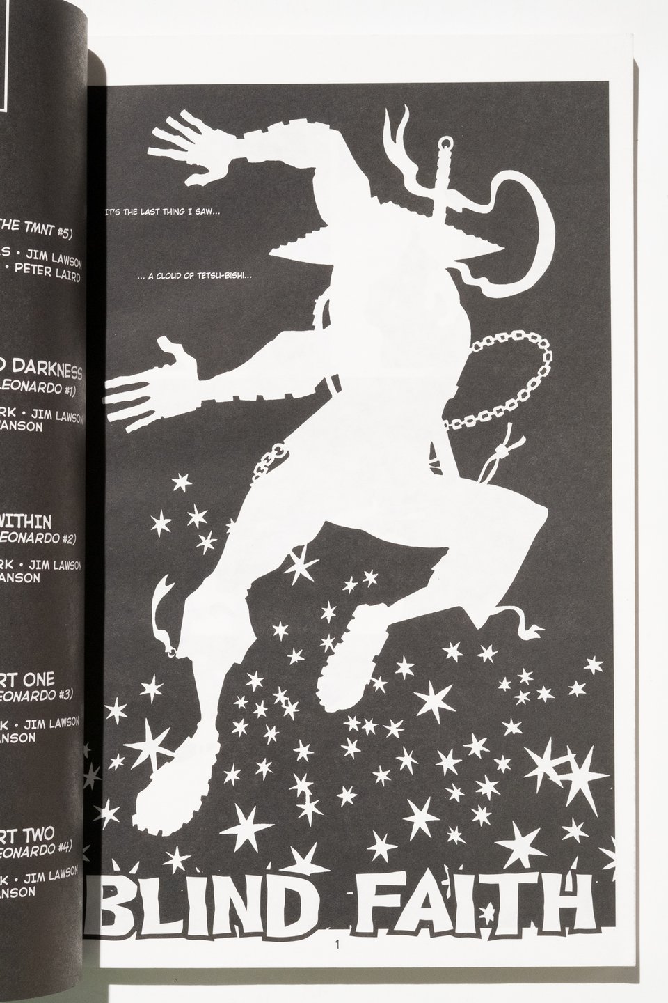 A title page from Blind Faith, the Leonardo miniseries. A ninja is leaping in silhouette