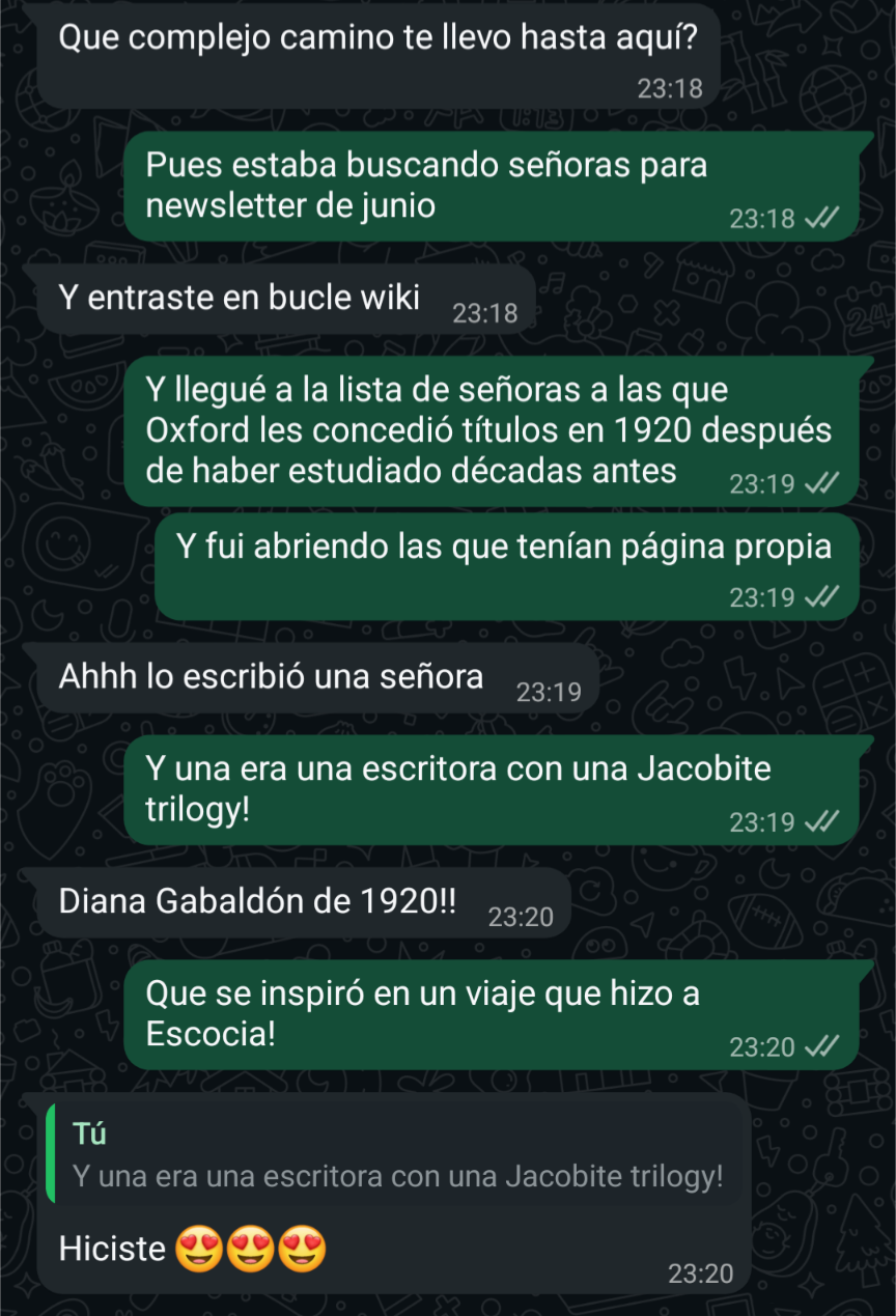 Pantallazo de una conversación en Whatsapp sobre cómo llegué a D. K.