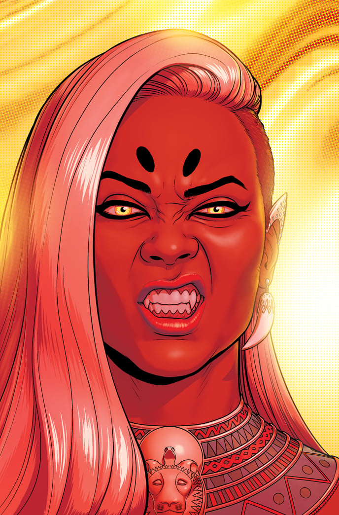 A Wicked and Divine cover featuring a headshot image of the character Sakhmet. She is a young black woman with long bleached blonde hair, shaved on one side. She is snarling, exposing sharp canine teeth. She has lion-like eyes, and is wearing an ear cuff that imitates the shape of a cat's ear. She's wearing an ancient Egypt inspired necklace with a Sakhmet head in the style of the period statues at her throat. She is lit in red, and the background is a swirl of fire colour.