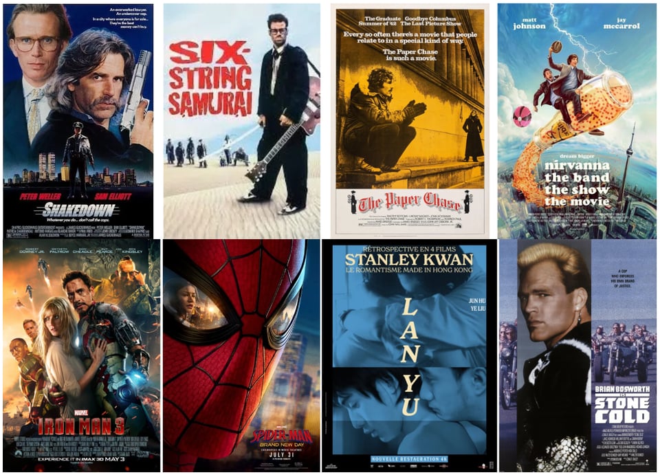 From left to right and top to bottom, but otherwise, in no particular order: Shakedown, Six-String Samurai, The Paper Chase, Nirvanna: The Band The Show The Movie, Iron Man 3, Spider-Man: Brand New Day, Lan Yu, Stone Cold