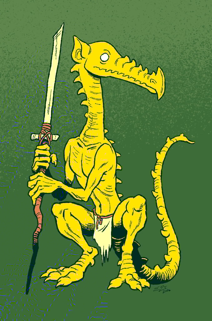 A yellow lizard-like goblin crouching and holding a makeshift spear.
