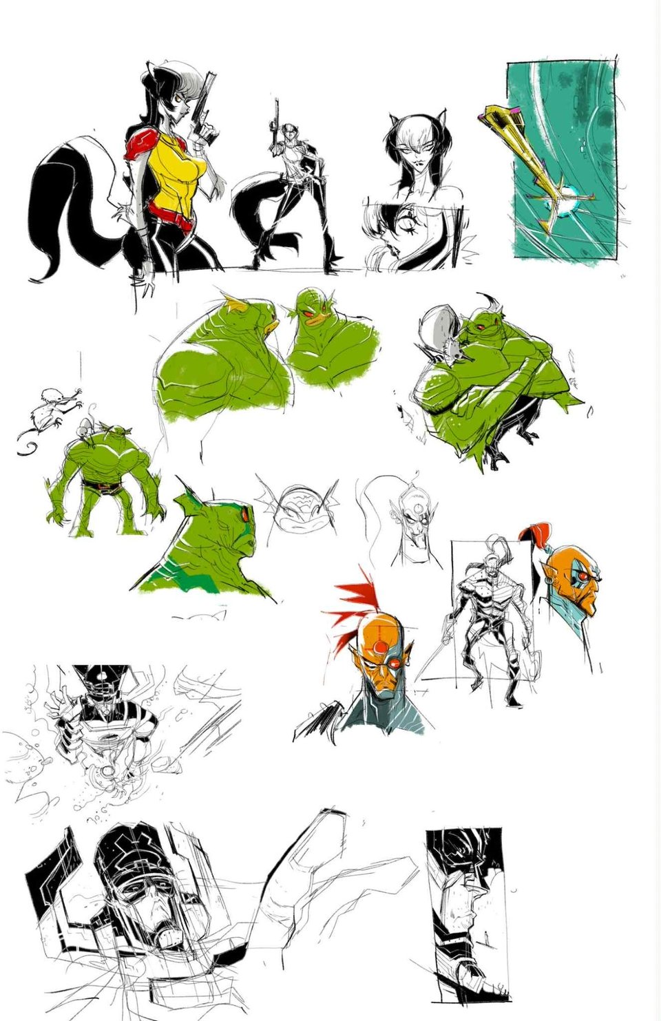 a bunch of starjammers and marvel cosmic characterssketches by jake allen, including ch'od, lady hepzibah, the starjammer and galactus!
