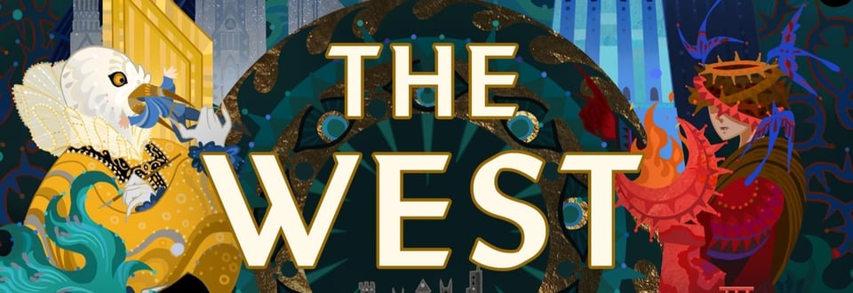 section of the cover of The West Passage, showing the Yellow Lady, with the head of a bird, eating a person, and the Red Lady, her face made of wheels of thorns.