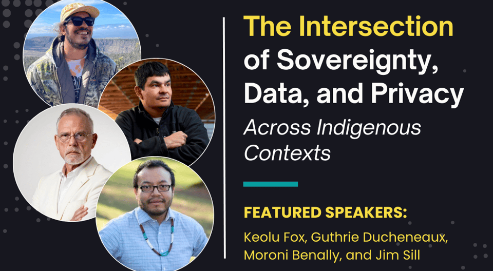 A graphic with event details. There are four photos on the left, each framing a man in a circle and clustered together. The title reads: The intersection of Sovereignty, Data and Privacy Across Indigenous Contexts.