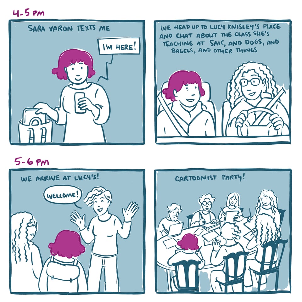 Panel 1: 4-5 PM, Sarah sliding an iPad into a bag, looking at her phone. Caption: